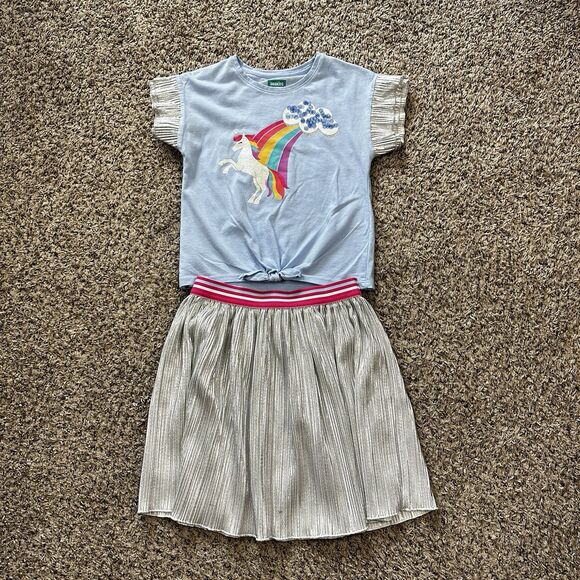 Girls Sz 7/8 365 Kids by Garanimals 2 Piece set Shirt Pleated Skirt Silver Blue - Picture 1 of 12